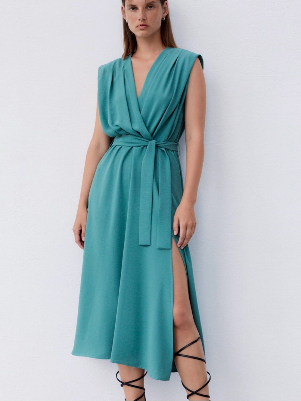 Zara Teal Wrap-Style Sleeveless Midi Dress